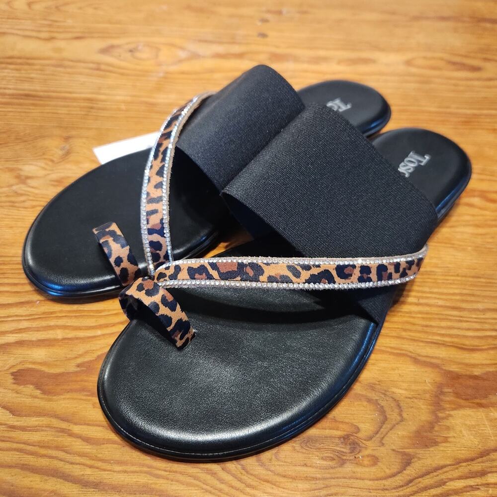 Toscanella Jaded Sandal Black Leopard Animal Print Toe Ring Italy 8 Y2K Bling